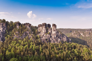 Bastei Rocks in Swiss Saxony, around the ruins of Neurathen Castle. Germany.