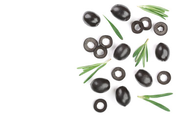 whole and sliced black olives with rosemary leaves isolated on white background. Top view. Flat lay...