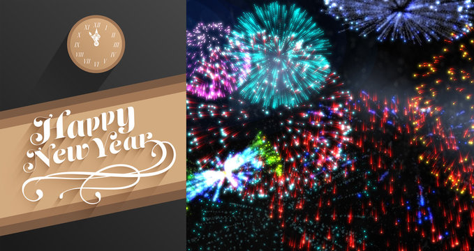 Classy new year greeting against colourful fireworks exploding on black background