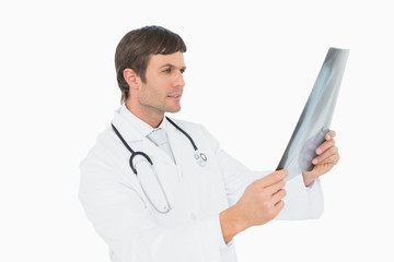 Concentrated male doctor looking at xray picture of lungs