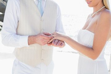 Obraz na płótnie Canvas Man placing ring on smiling brides finger