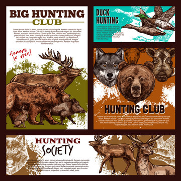 Hunting banner with wild animal and bird sketch