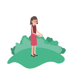 isometric woman in field landscape avatar character vector illustration design