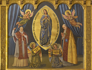 ZARAGOZA, SPAIN - MARCH 1, 2018:  The painting of Immaculate conception and pope Pius X and Pius...