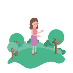 isometric little girl in field landscape character vector illustration design