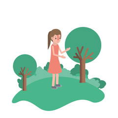 isometric little girl in field landscape character vector illustration design