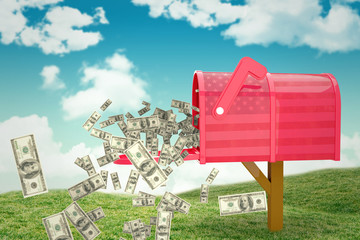 Falling dollars against usa flag in grunge effect