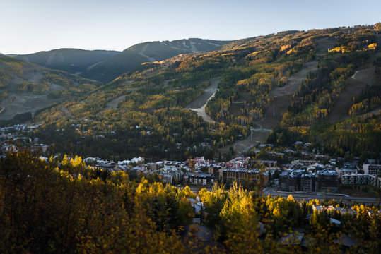 Vail Colorado Lit Up During Sunrise In Autumn. 