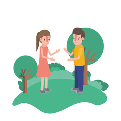 isometric little kids couple in field landscape character vector illustration