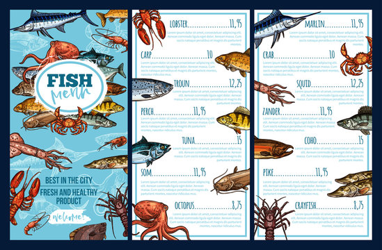 Seafood restaurant menu template with fish sketch