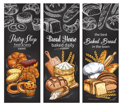 Bakery and pastry shop banner with bread and bun