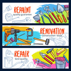 Fototapeta premium Repair work banner with construction tool sketch