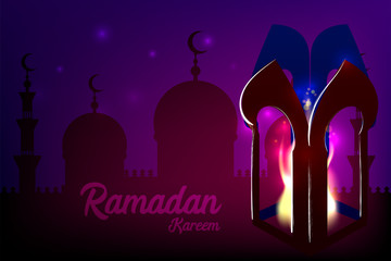 Ramadan Kareem neon sparkle greeting card. Muslim islamic eid mubarak celebration. Holy arabic religiondesign. Vector illustration. Shiny night poster transparent effect. Fire lantern.