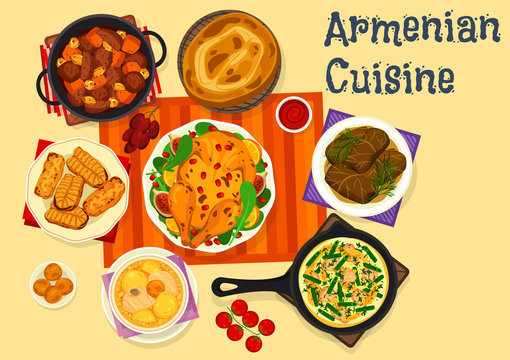 Armenian cuisine icon of meat dinner with dessert