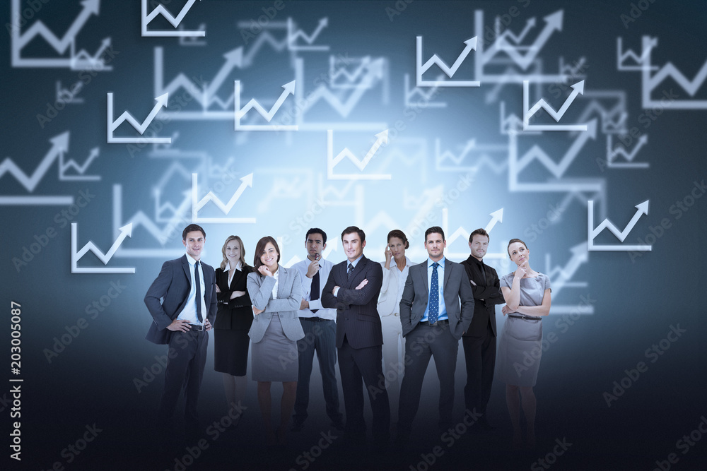 Poster group of business partners looking at camera against graph pattern