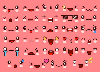 Kawaii cute smile emoticons and Japanese anime emoji faces expressions. Vector cartoon style comic sketch icons set EPS