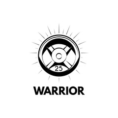 Barbell disk icon. Sport equipment. Barbell weight. Warrior lettering. Vector.
