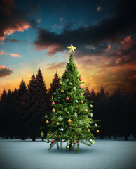 Composite image of christmas tree against fir tree forest in snowy landscape