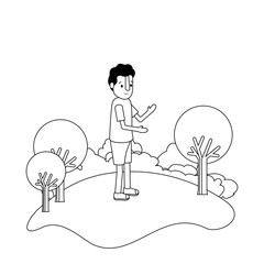 isometric little boy in field landscape character vector illustration design