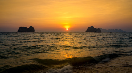 sunrise time on golden sky and seascape