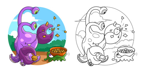 Violet Crabtopus Monster and Green Slug are Cracking Nuts. A Coloring Book Page with an Example. A Colored Vector Illustation and Line Art.