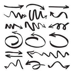 Set of black color drawing Arrows. Vector Illustration.