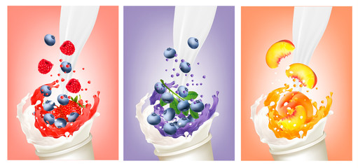 Set of berries and fruit  in a milk and jiuce splash. Design template. Vector