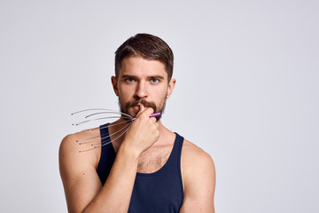 A man in a black T-shirt