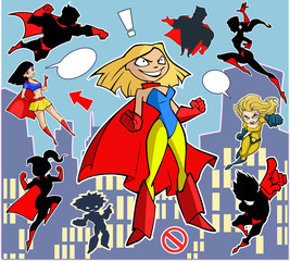 Bright and colorful cartoon set of funny and awesome superheroes stickers in cool  costumes flying above the city 
ready to help and rescue