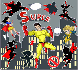 Bright and colorful cartoon set of funny and awesome superheroes stickers in cool  costumes flying above the city 
ready to help and rescue