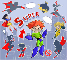 Bright and colorful cartoon set of funny and awesome superheroes stickers in cool  costumes flying above the city 
ready to help and rescue