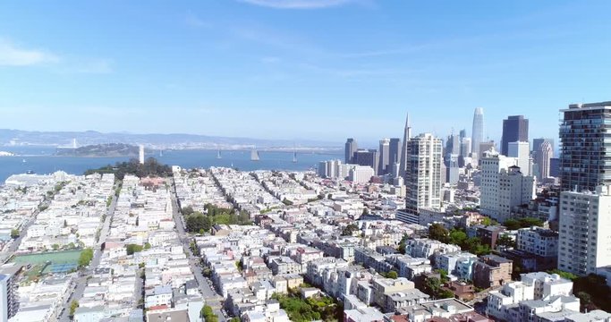 Aerial view of San Francisco city skyline on beautiful sunny day with blue sky 