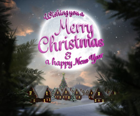 Merry christmas message against christmas village under full moon