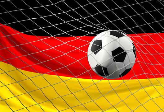 Fußball Ball im Netz. Tornet Fußball Tor 3D Illustration Deutschland Flagge