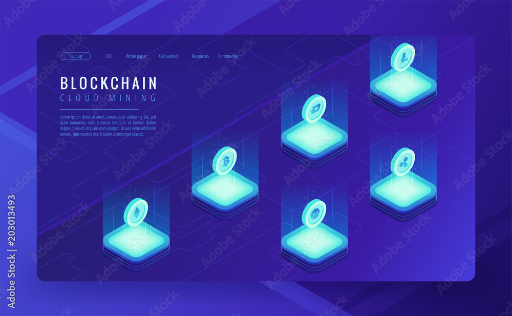 Poster isometric cloud mining landing page concept. bitcoin ethereum ripple litecoin dash monero coins in c