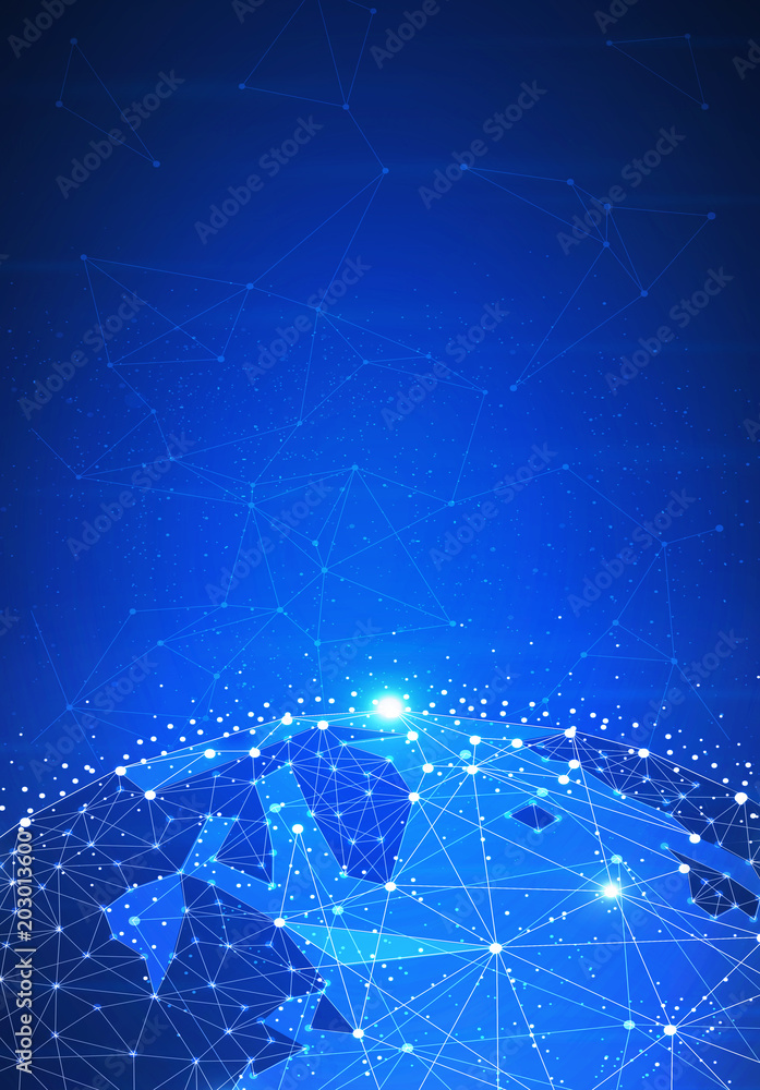 Poster blockchain technology futuristic hud background with world globe and blockchain polygon peer to peer