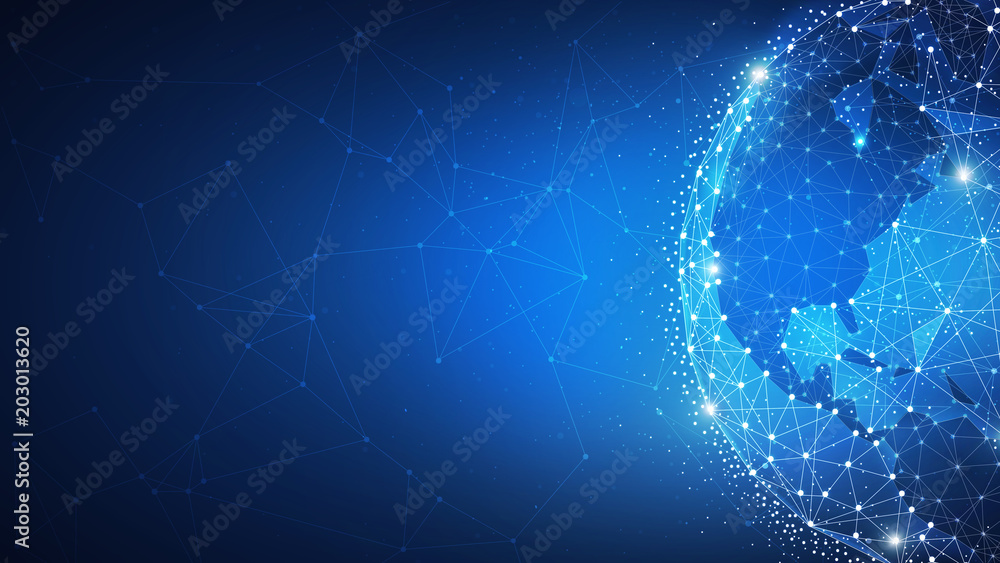 Poster blockchain technology futuristic hud background with world globe and blockchain polygon peer to peer