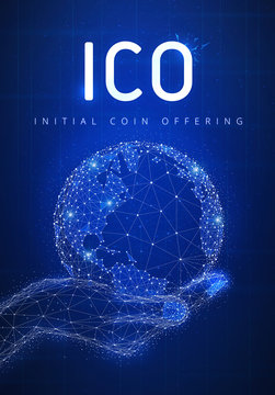 ICO initial coin offering futuristic hud background with glowing polygon world globe in a hand, blockchain peer to peer network and title ICO. Global cryptocurrency business and finance banner concept