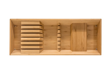 Wooden box of utensils storage. Easy to fit in kitchen drawer for  spoon, fork and other isolated on white background