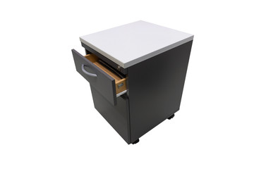 file cabinet with open drawer in the office isolated with white background.