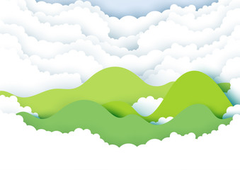 Mountains and clouds on blue sky paper art style.Vector illustration.