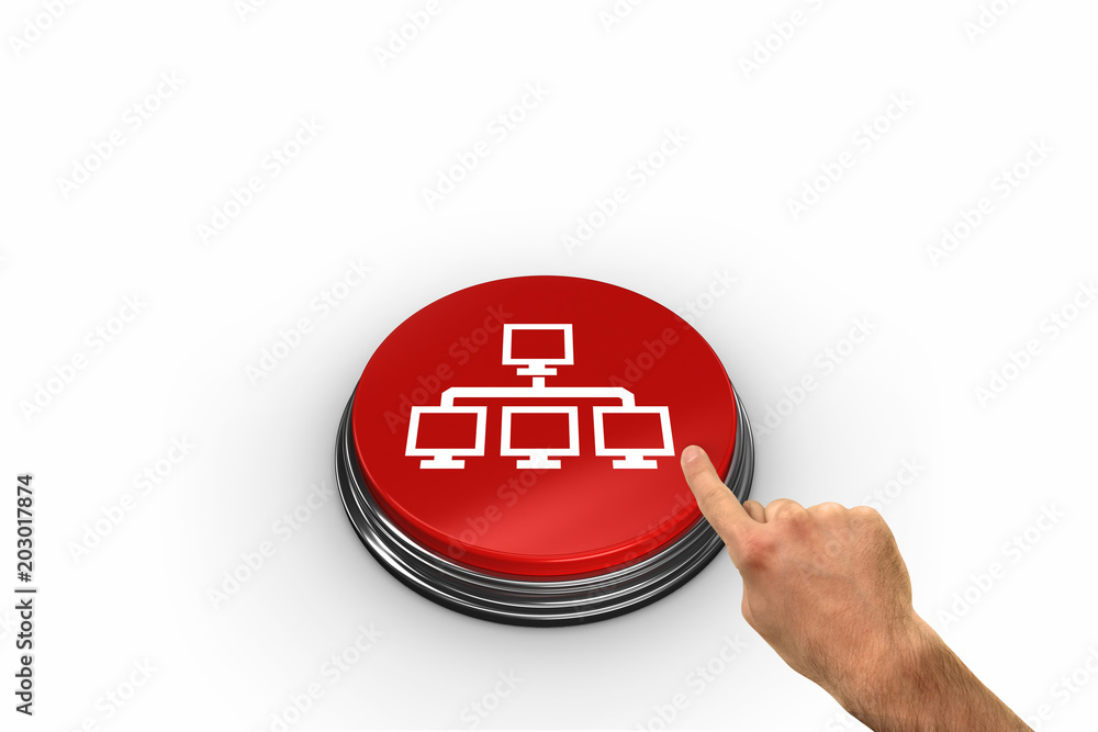 Poster hand pointing against computer connection on white background