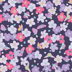 blooming cherry and butterflies seamless pattern. Sakura bloom. Beautiful flowers of cherry and machaons seamless pattern. Asian print, for kimono, traditional.