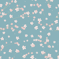a Japanese style seamless tile with a cherry tree branch and flowers pattern in ivory and blue shades
