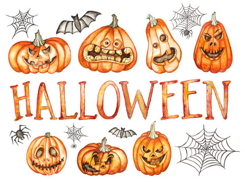 Watercolor Halloween set. Hand drawn holiday illustrations isolated on white background: pumpkins, spiders, bats, spider's web
