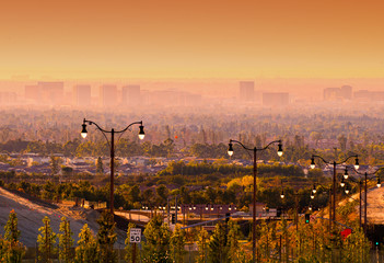 Streetlights in Suburban Orange County landscape at sunset in Southern California