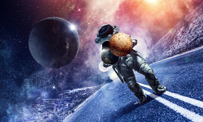 Spaceman carrying his mission. Mixed media