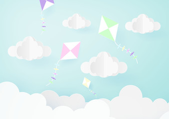 Paper art of beatiful sky with orgami flying kite and clouds.Vector eps10.