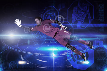 Fototapeta na wymiar Fit goal keeper jumping up against futuristic black background with circles