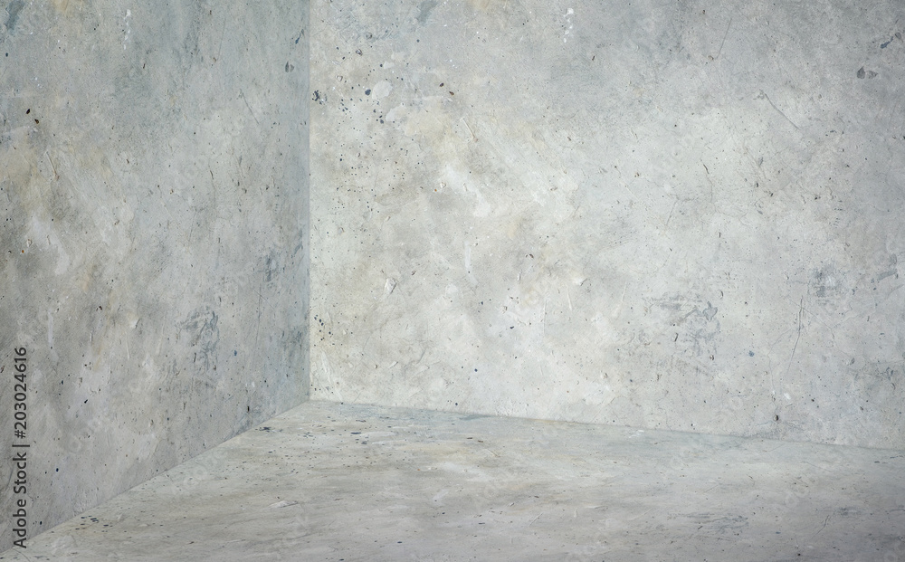 Poster empty corner room with grey concrete wall and floor background,mock up studio room for display or mo